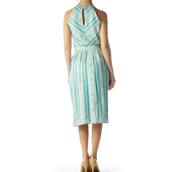 Ann Taylor Halter Midi Dress Sz 8 Petite Blue Green Paisley Floral Stripe Retro - Picture 7 of 13